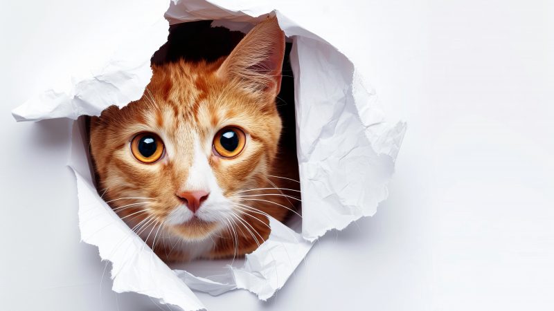 Cute ginger cat staring through torn paper Creative image featuring an adorable feline Perfect for marketing advertising and creative projects Fun and eyecatching design Generative AI